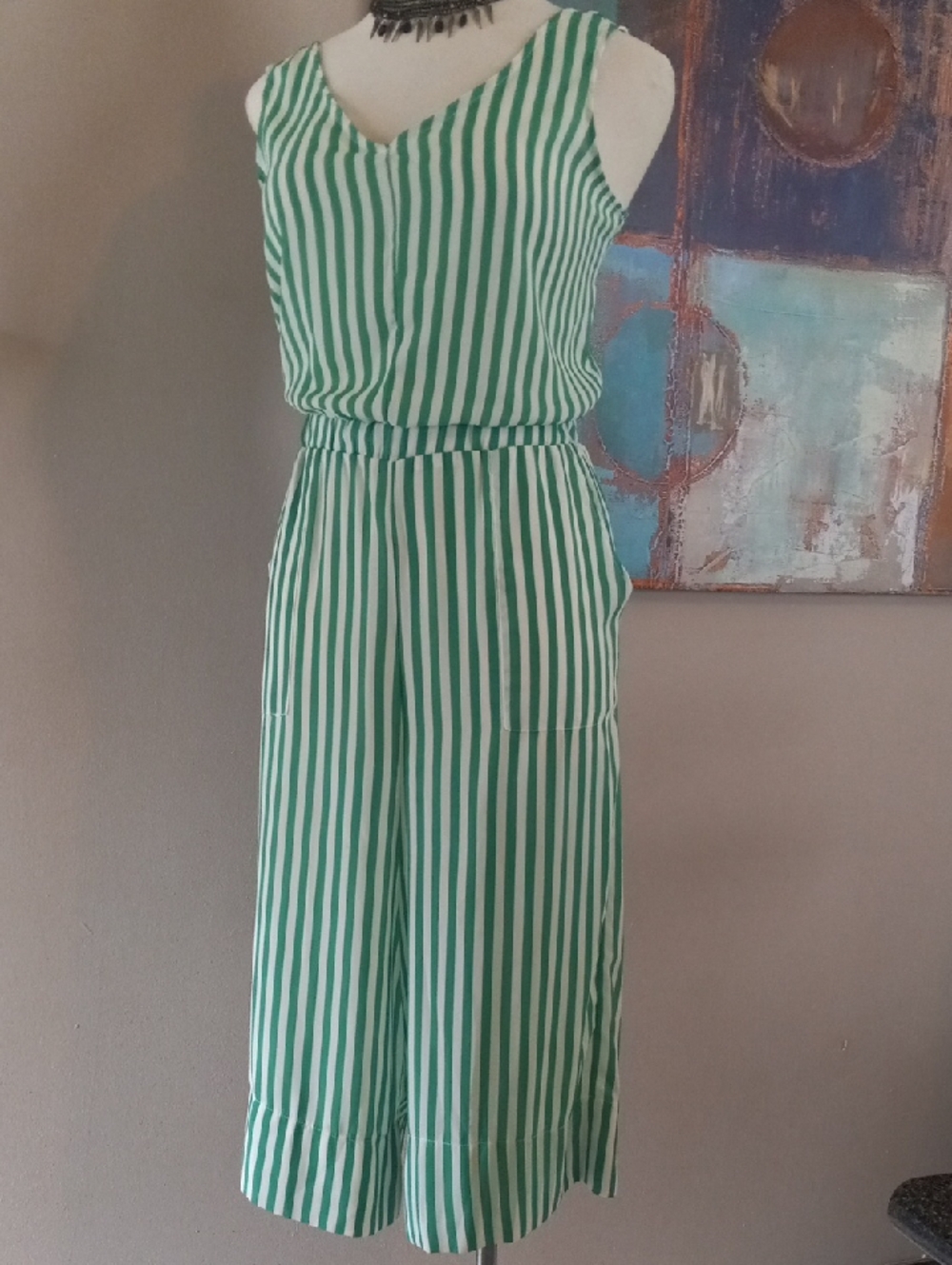 Tiana B. Wide Leg Green and White Vertical Stripe Sleeveless Jumpsuit Romper - Picture 9 of 16
